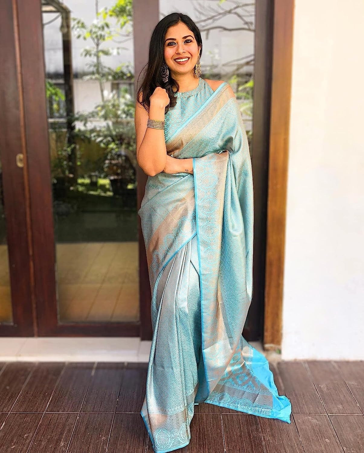 Ravishing Sky Blue Colored Printed Saree For Women