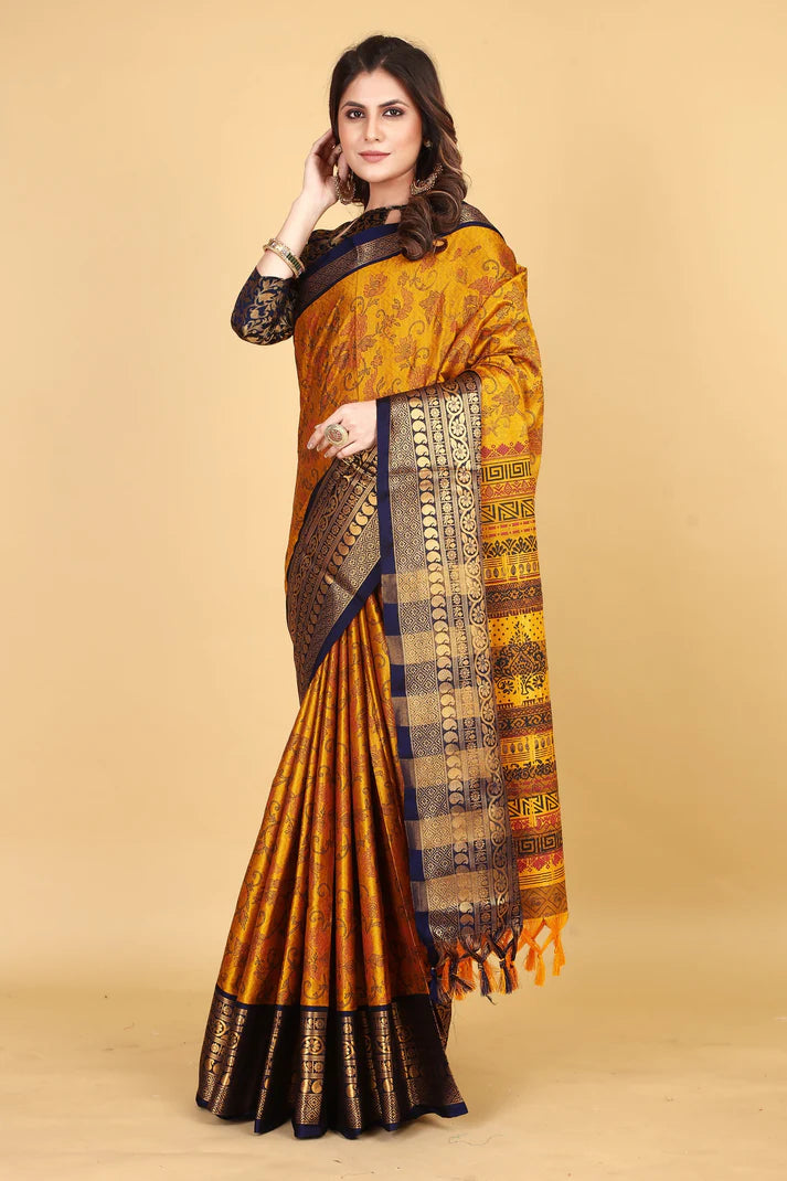 Marvellous Gold Navy Blue Flower Printed Soft Linen Saree