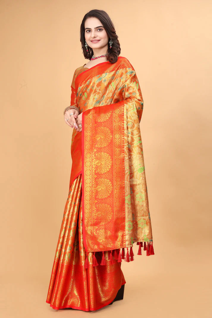 Flaunt Red Minakari Soft Linen Saree