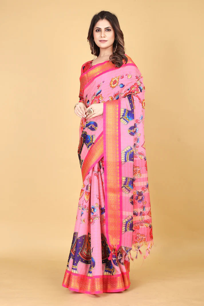 Opulent Pink Kalamkari Soft Linen Saree