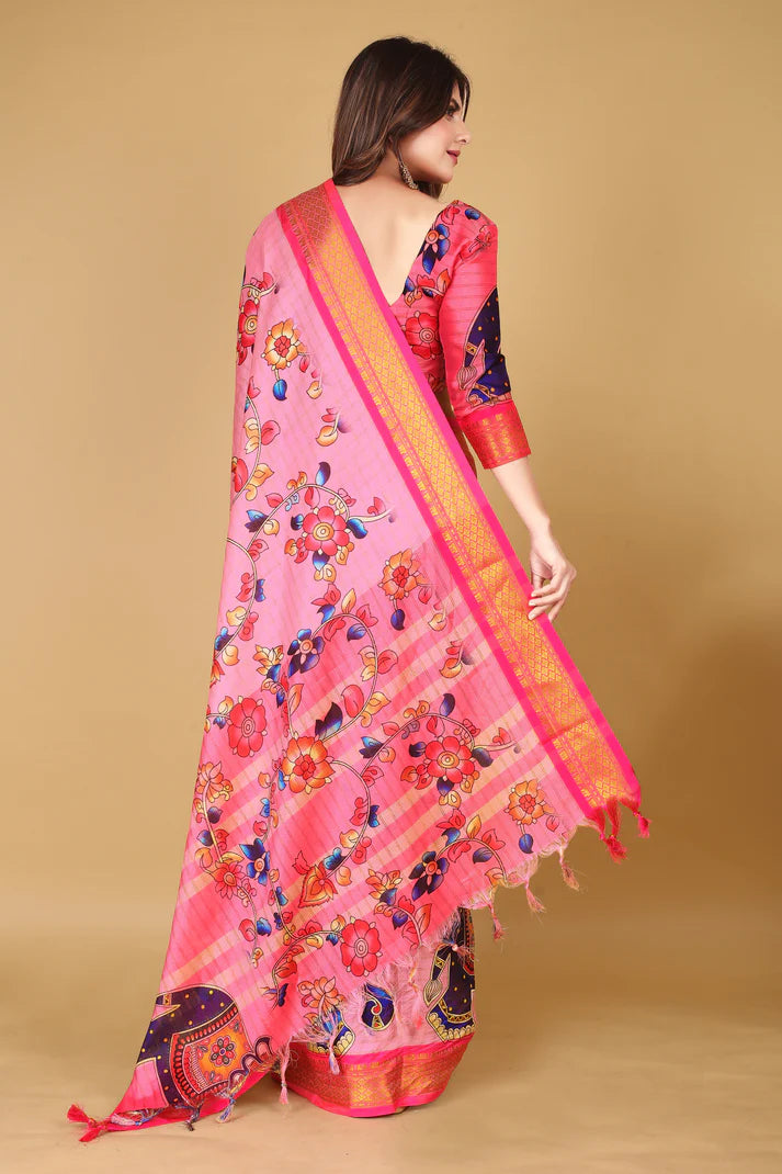 Opulent Pink Kalamkari Soft Linen Saree