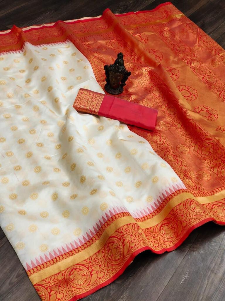 Excellent White And Red Colored Printed Saree For Women