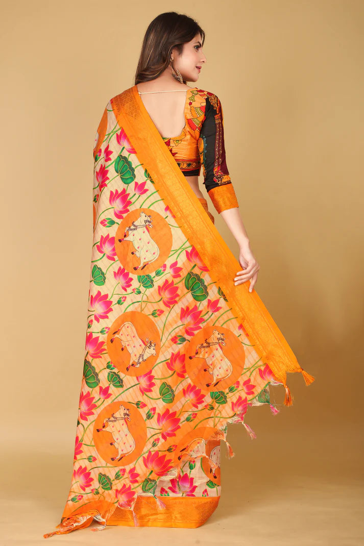 Stunning Yellow Kalamkari Soft Linen Saree