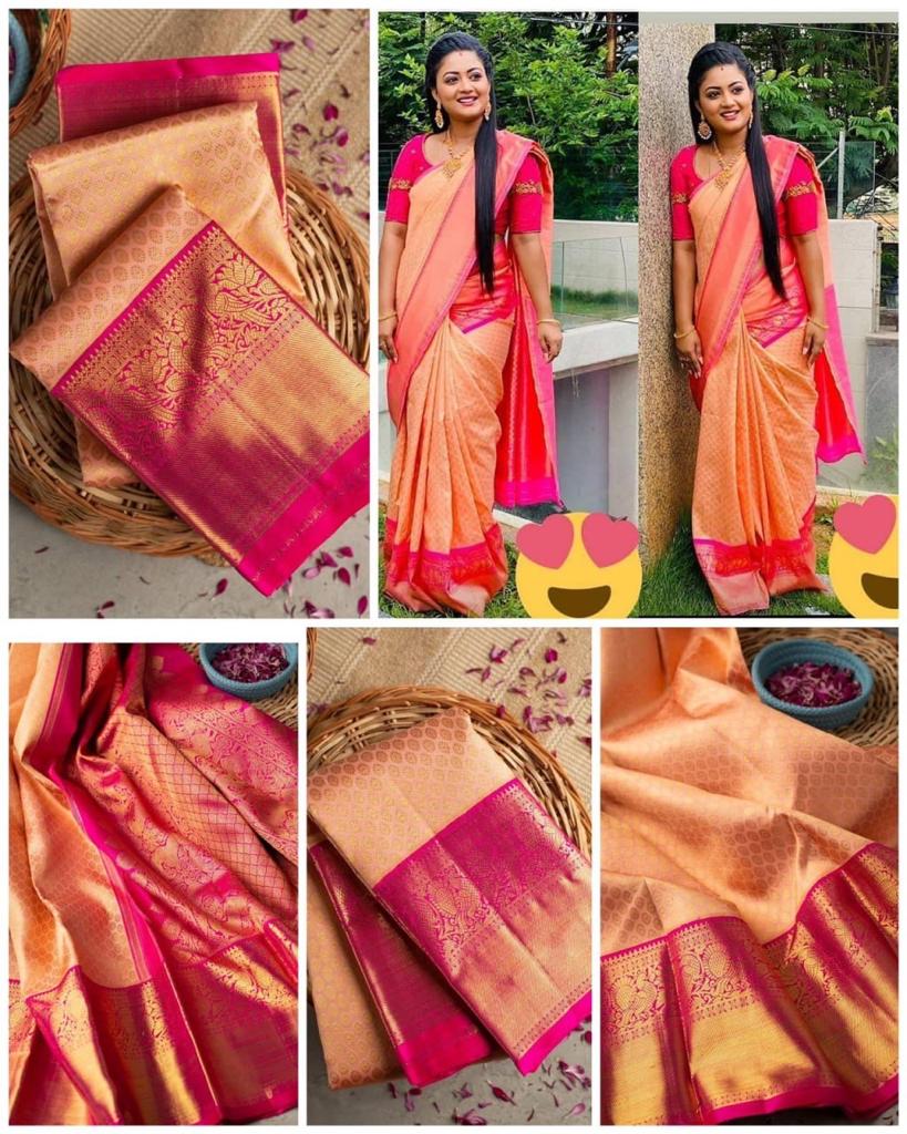 Flattering Peach And Pink Colored Printed Saree For Women