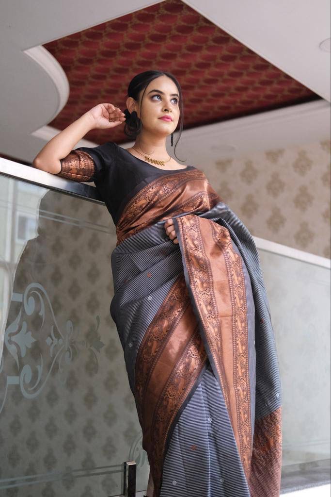 Gorgeous Grey Colored Printed Saree For Women