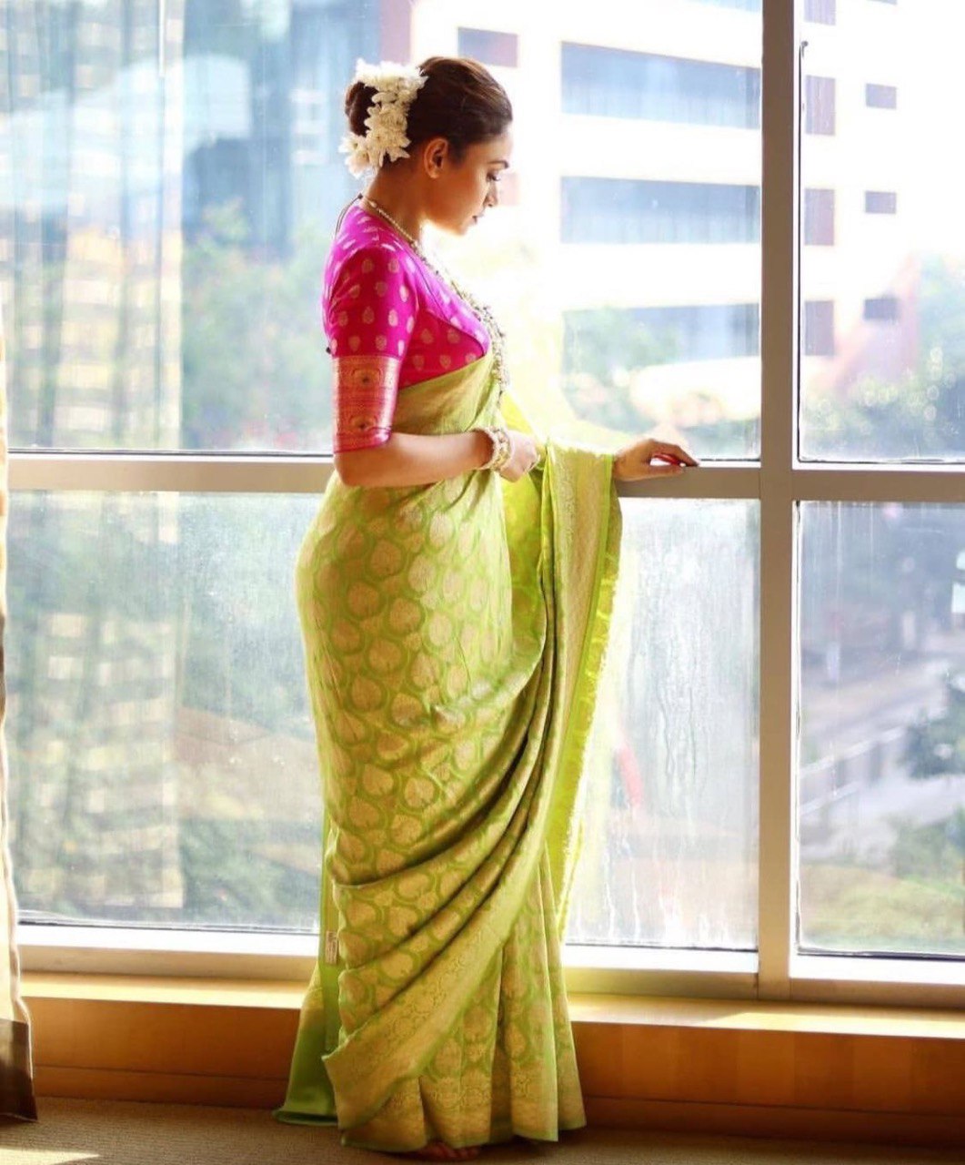 Ravishing Parrot Green Colored Printed Saree For Women