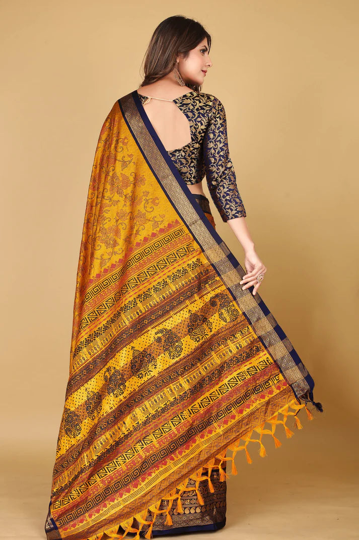 Marvellous Gold Navy Blue Flower Printed Soft Linen Saree