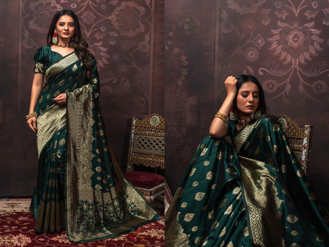 Sophisticated Dark Green Colored Printed Saree For Women