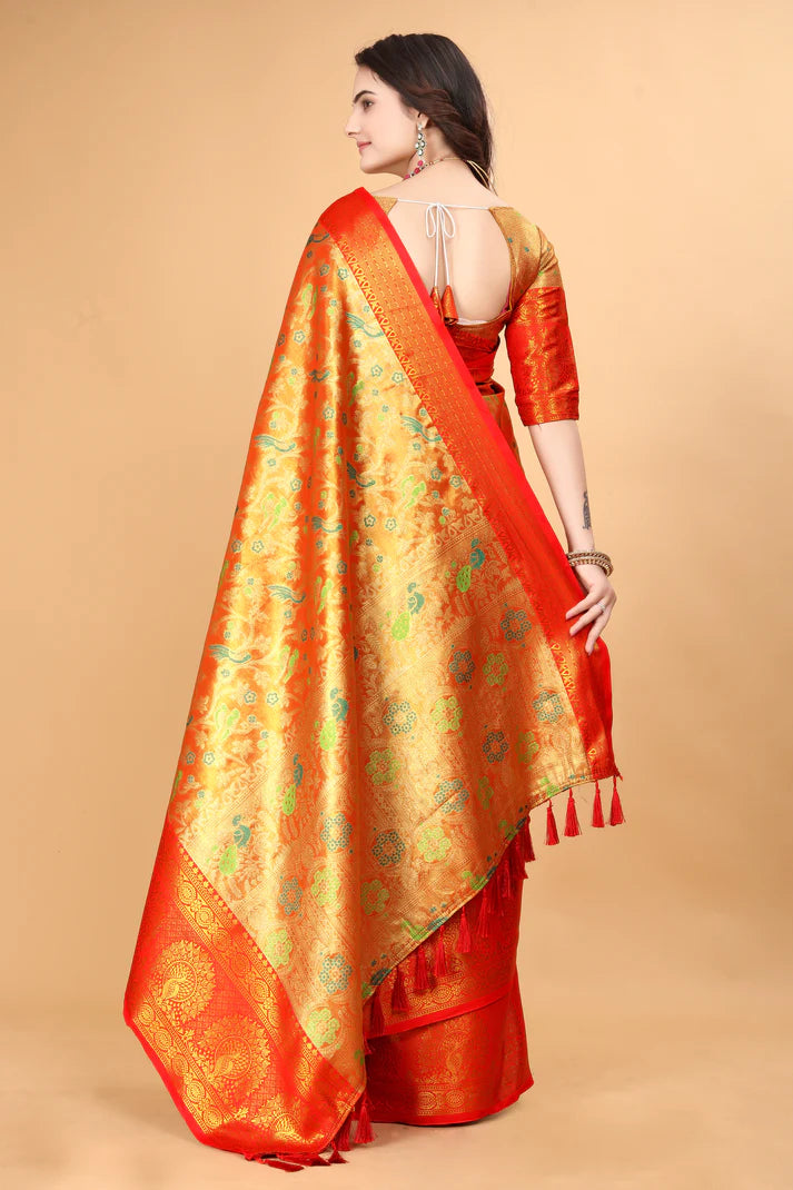 Flaunt Red Minakari Soft Linen Saree