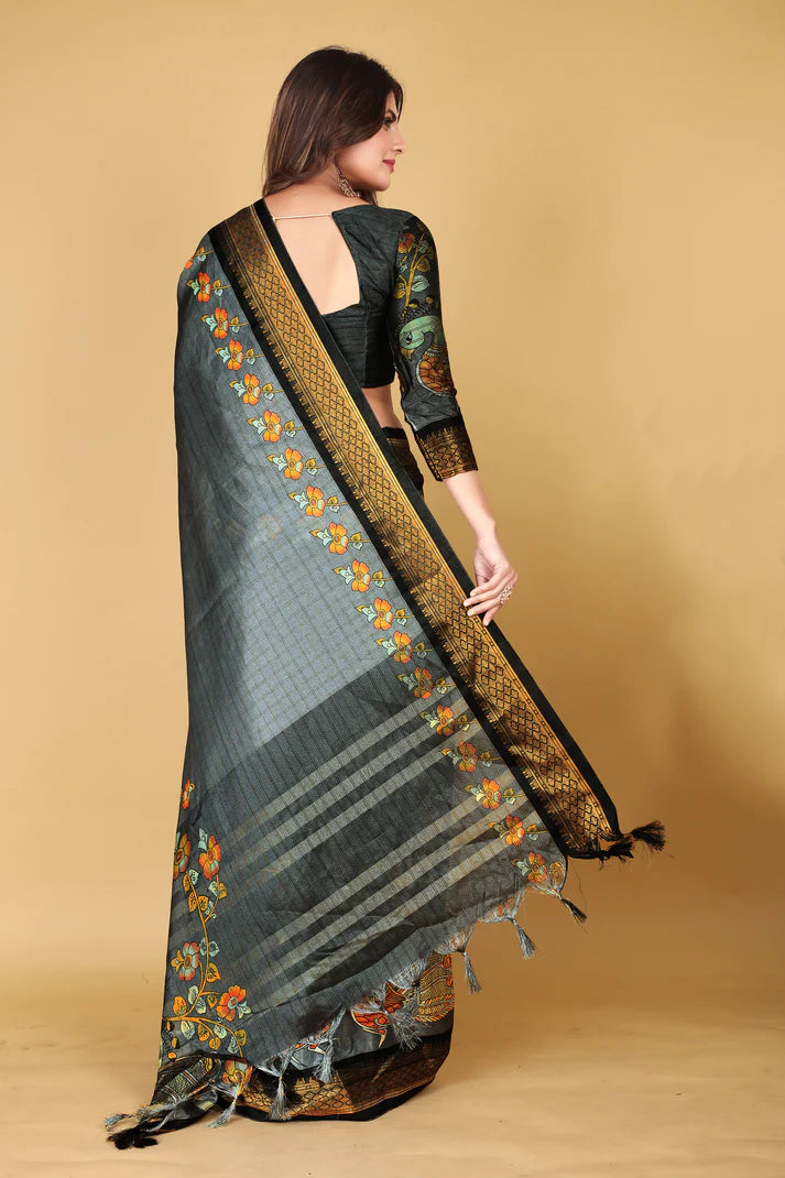 Innovative Black Kalamkari Soft Linen Saree