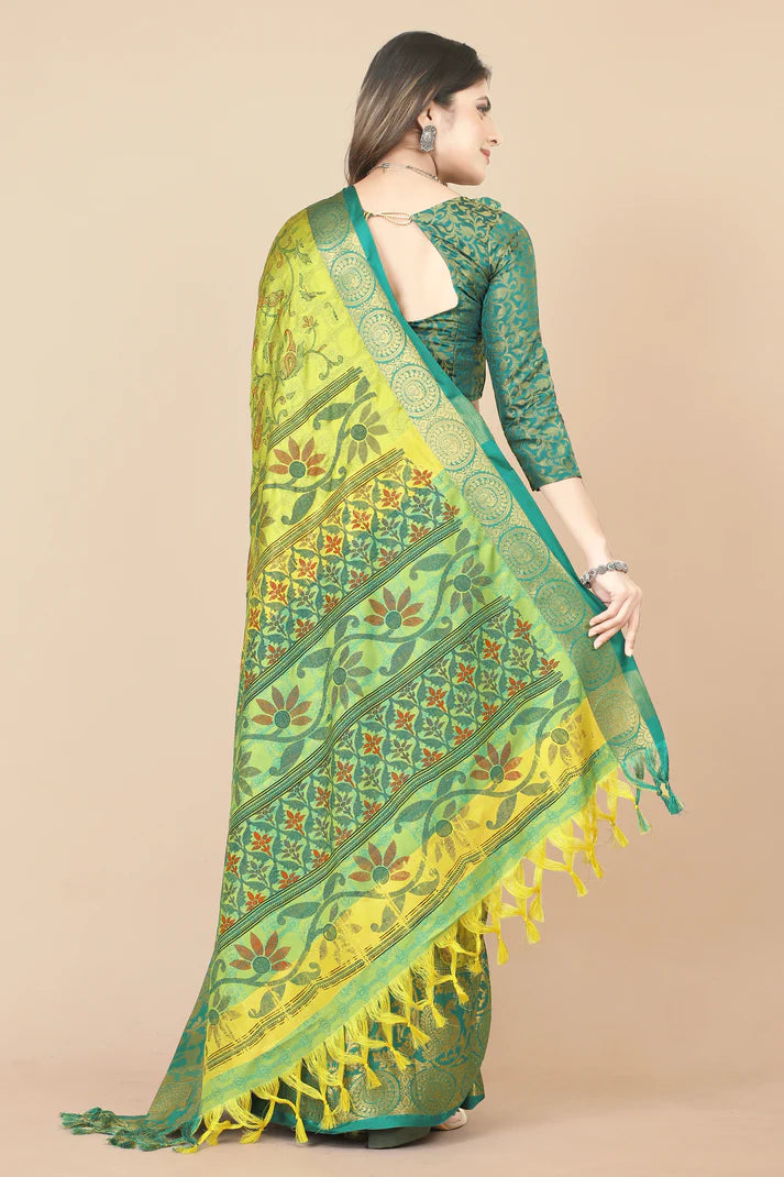 Refreshing Lemon Yellow Rama Flower Printed Soft Linen Saree