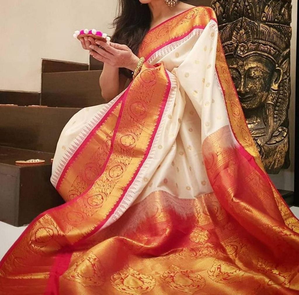 Excellent White And Red Colored Printed Saree For Women