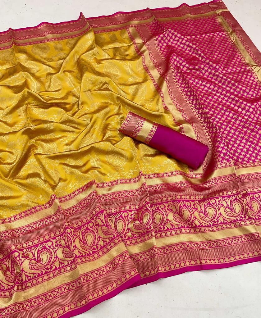 Dazzling Mustarad Yellow Colored Printed Saree For Women