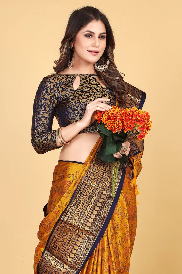 Marvellous Gold Navy Blue Flower Printed Soft Linen Saree