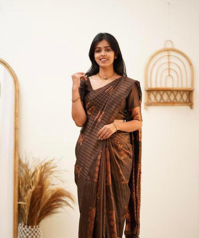 Fantastic Dark Brown Colored Printed Saree For Women