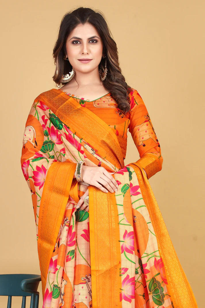 Stunning Yellow Kalamkari Soft Linen Saree