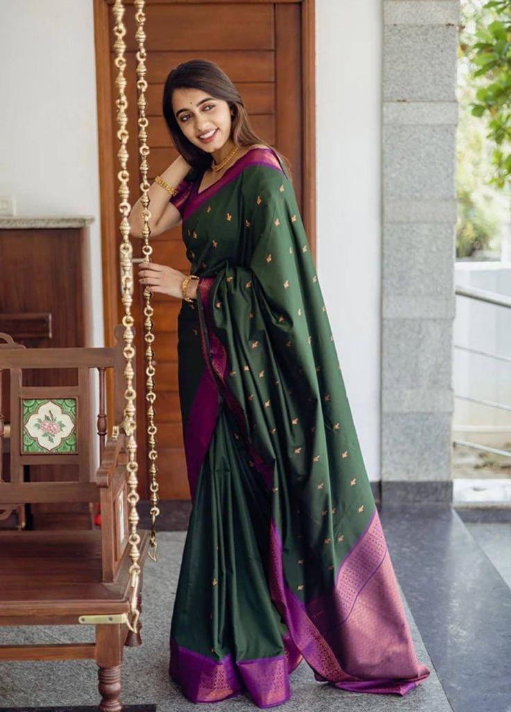 Gorgeous Dark Green Colored Printed Saree For Women