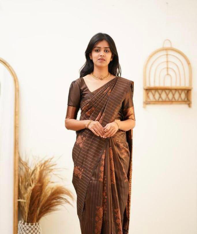 Fantastic Dark Brown Colored Printed Saree For Women