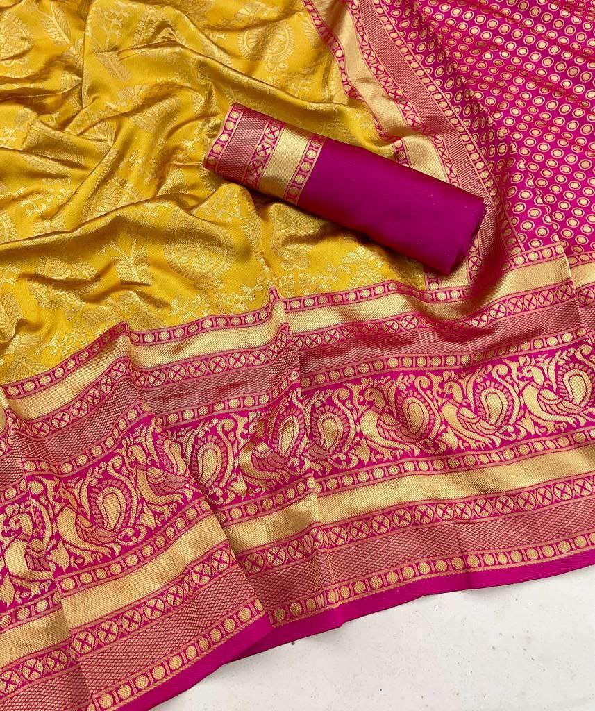 Dazzling Mustarad Yellow Colored Printed Saree For Women