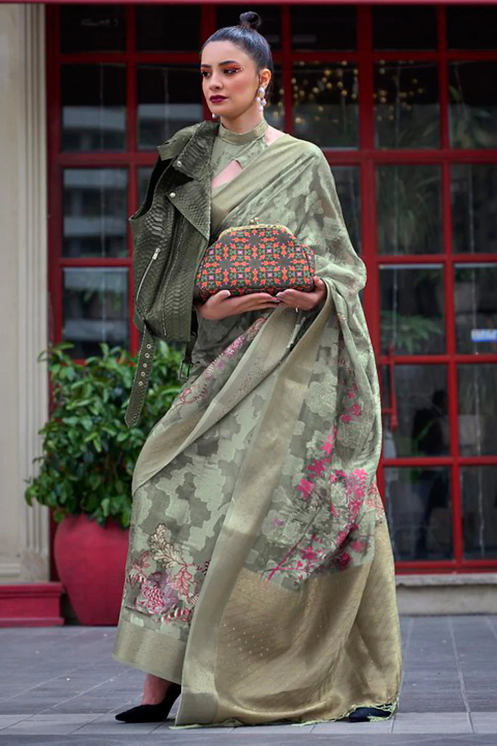 Opulent Mint Green Color Printed Work Linen Saree