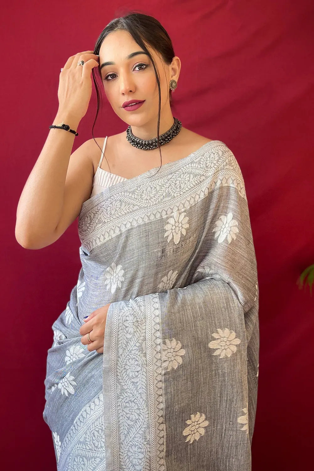 Graceful Pastel Gray Lucknowi Work Linen Saree