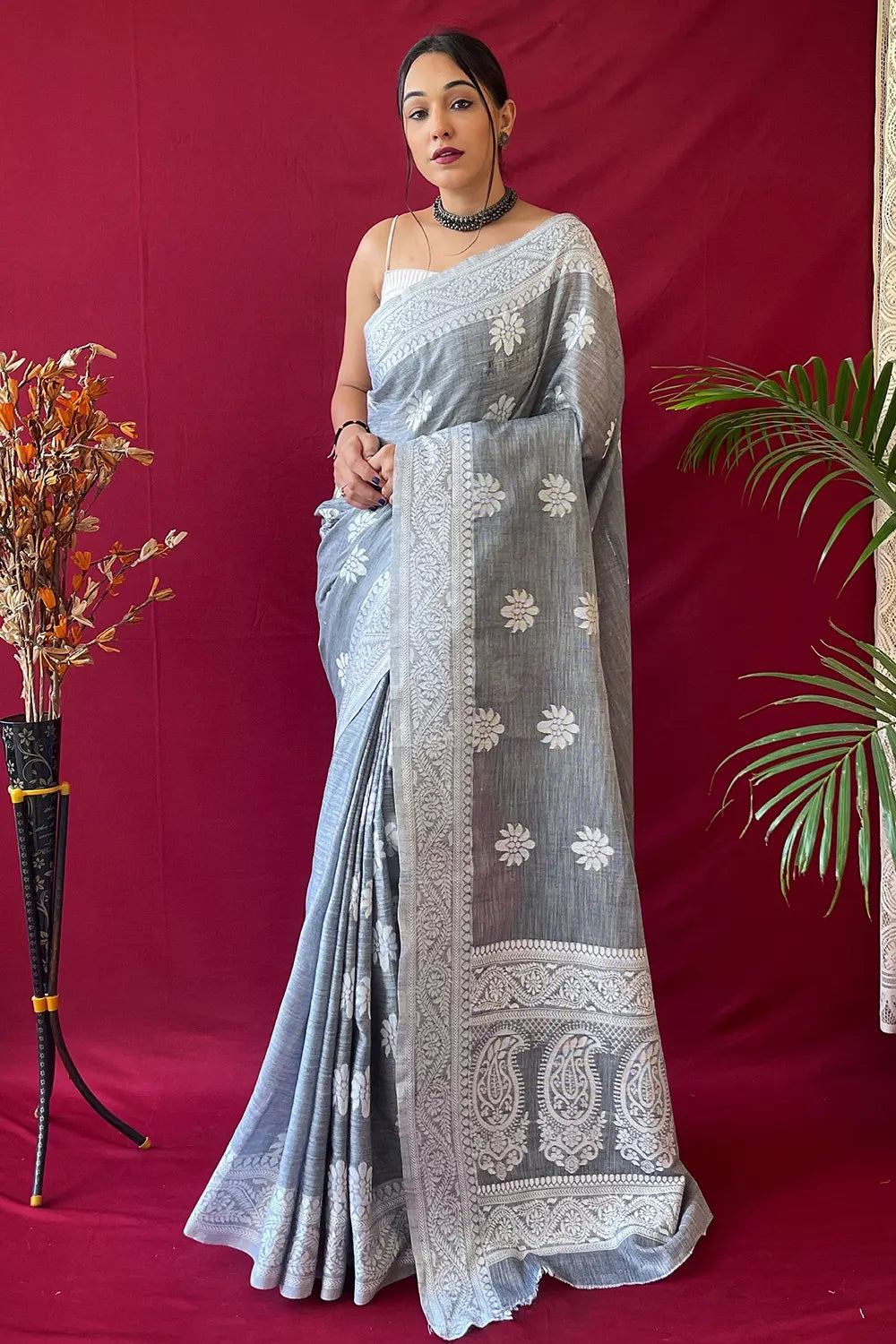 Graceful Pastel Gray Lucknowi Work Linen Saree