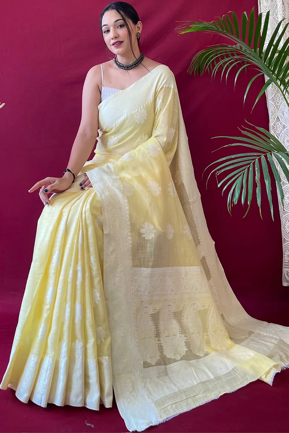 Gorgeous Pastel Yellow Lucknowi Work Linen Saree