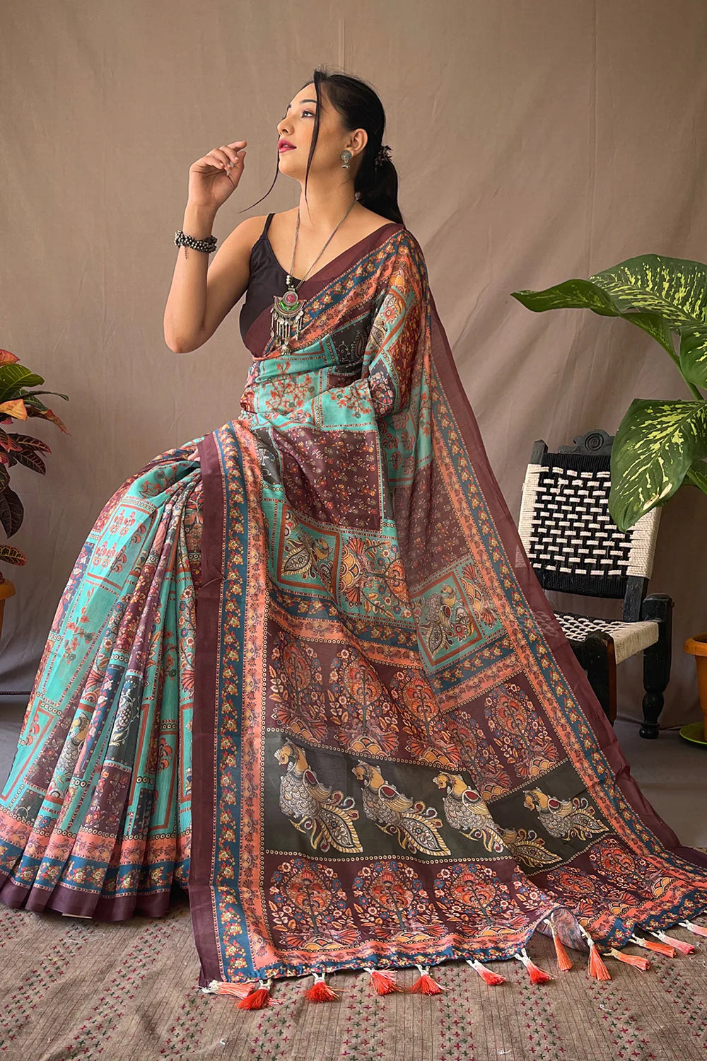 Innovative Teal and Multi Kalamkari Printed Linen Saree