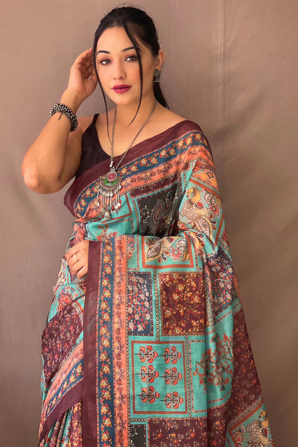 Innovative Teal and Multi Kalamkari Printed Linen Saree