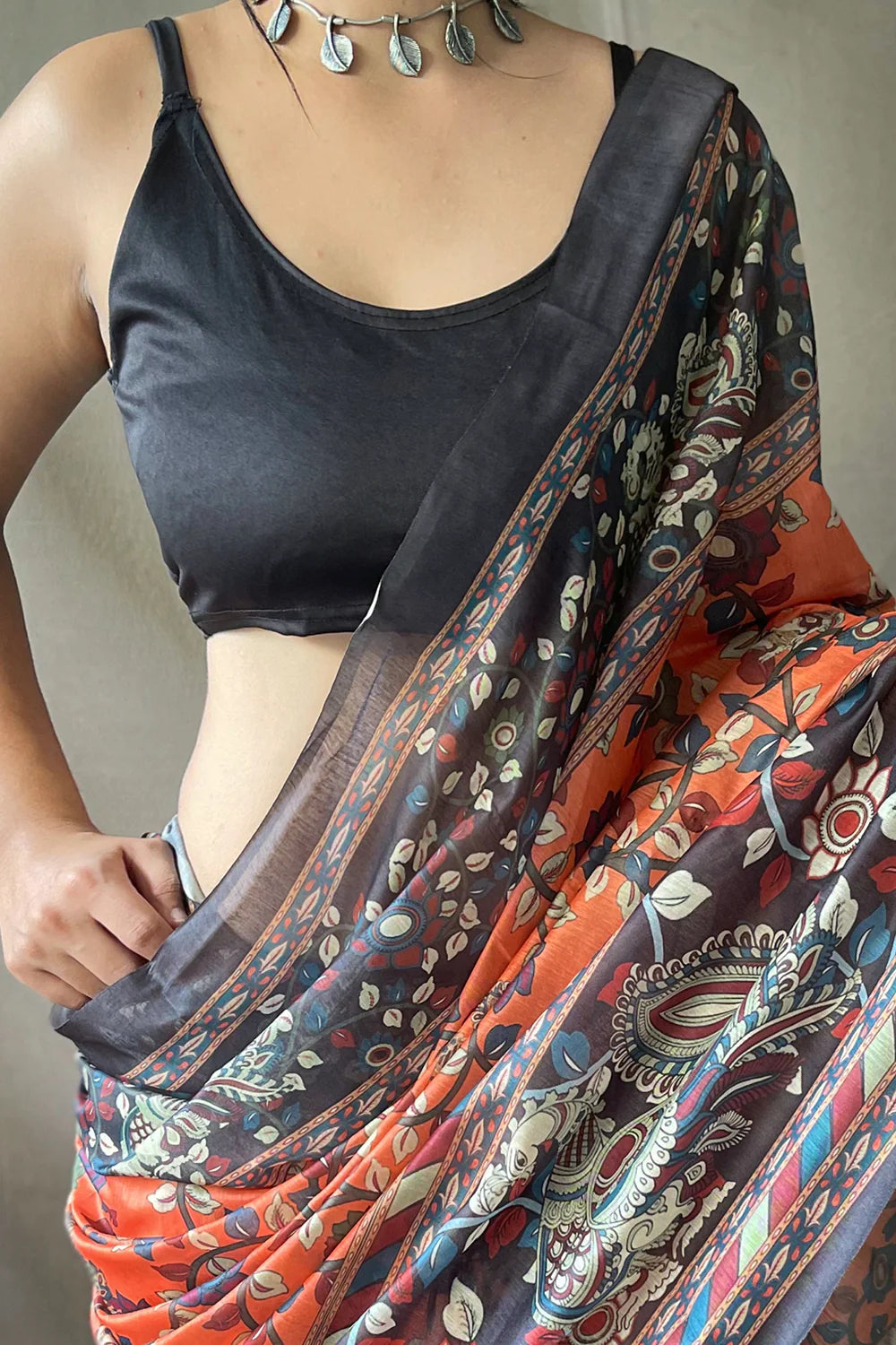 Stunning Goldfish Orange Kalamkari Printed Linen Saree