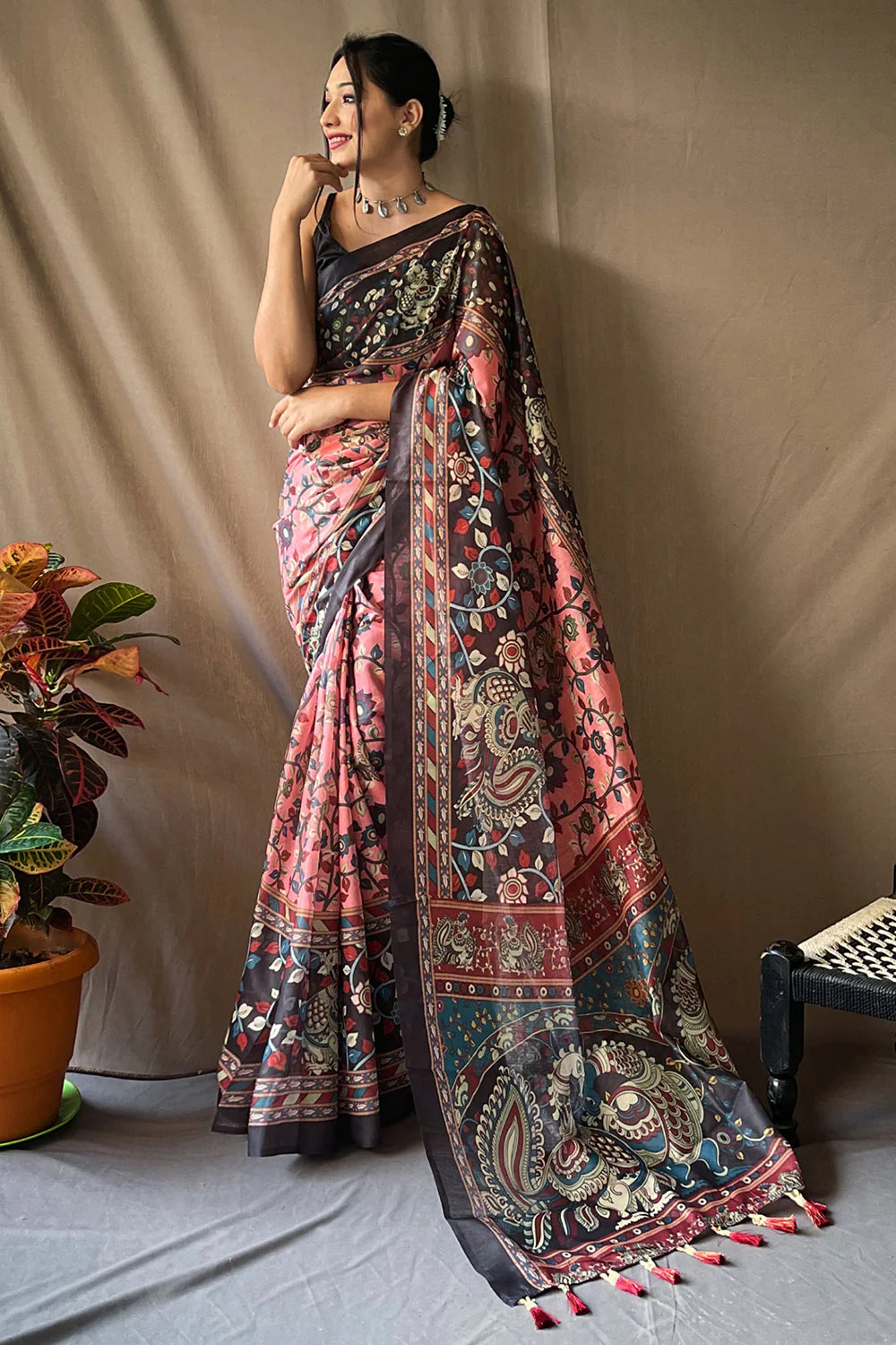 Rosewood Pink Kalamkari Printed Linen Saree