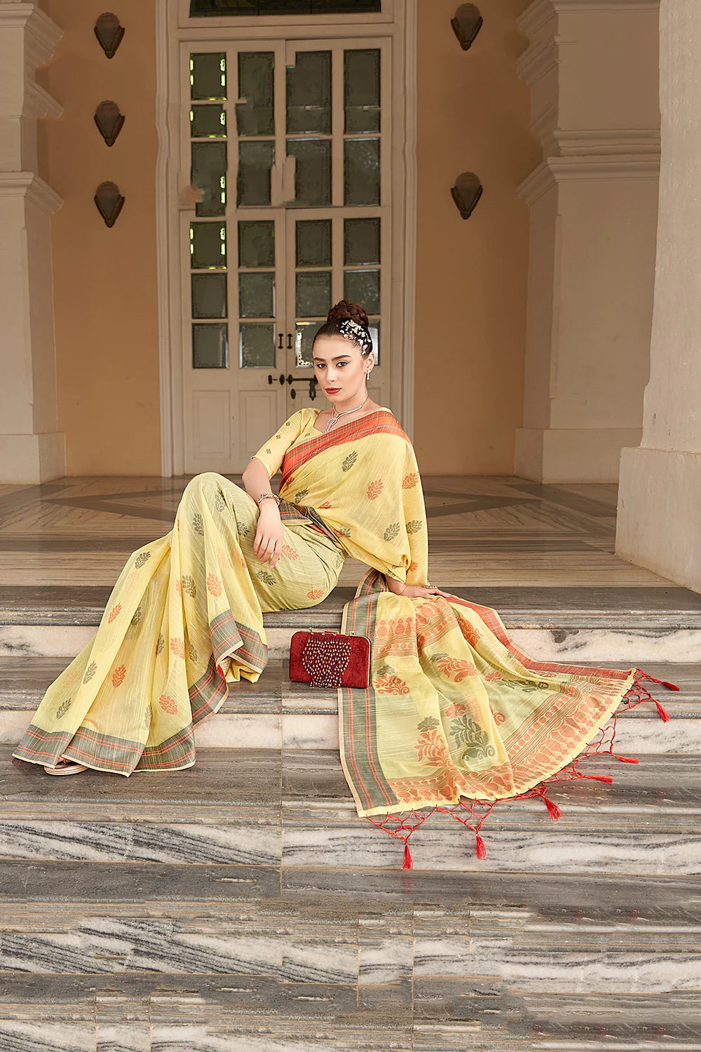 Fantastic Yellow Printed Work Linen Saree