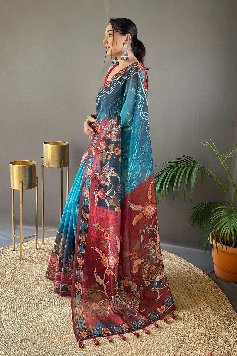 Captivating Sky Blue Printed Linen Saree