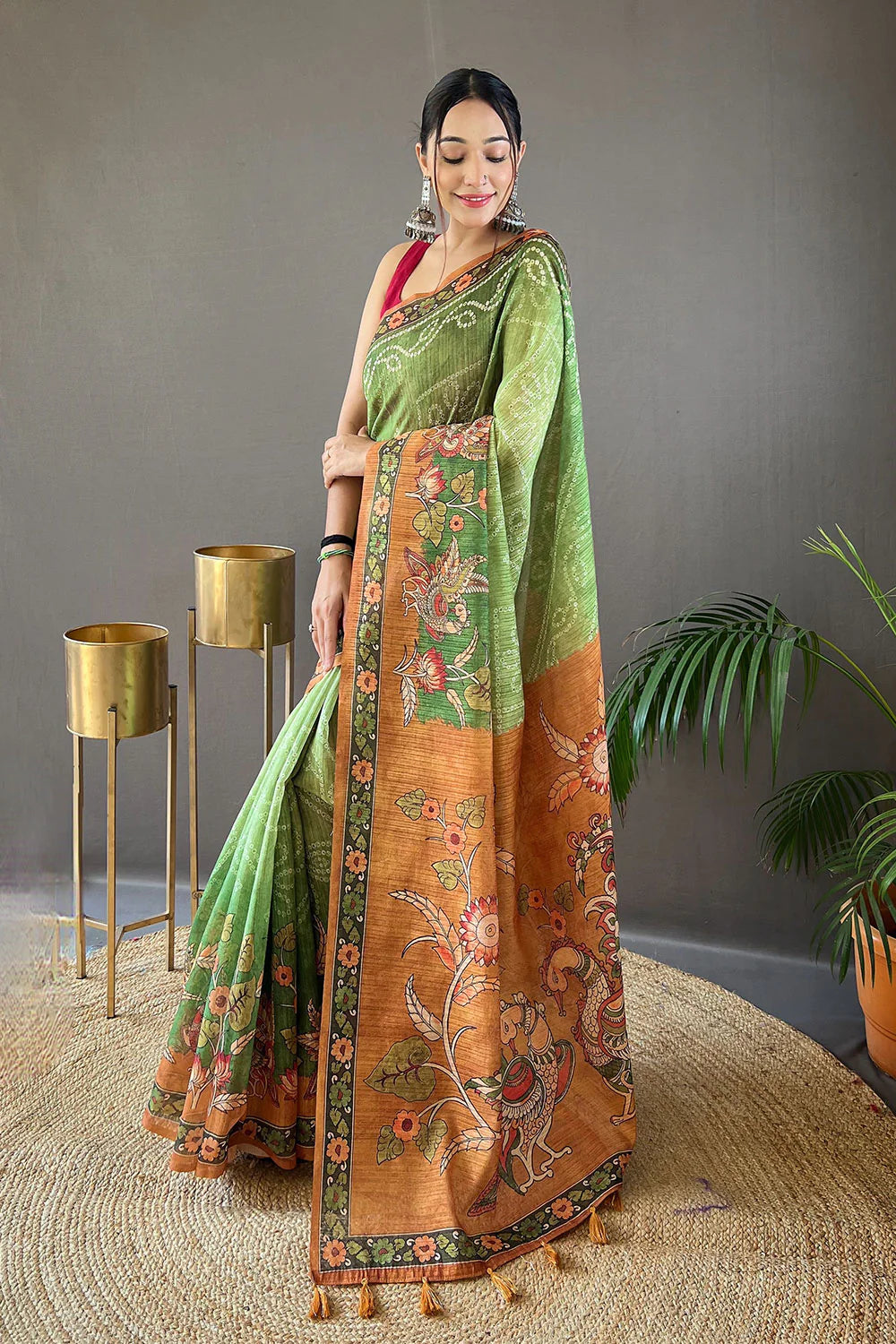 Majesty Mehendi Color Printed Linen Saree