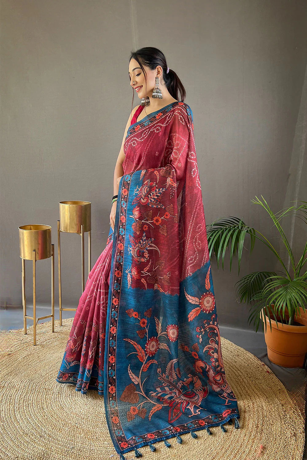 Wonderful Red Color Printed Linen Saree