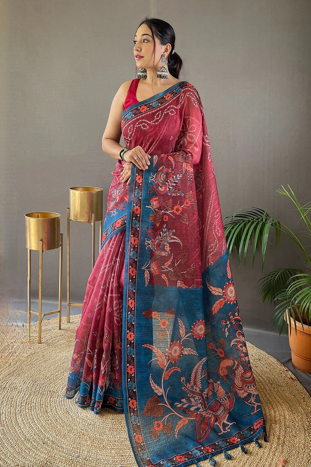 Wonderful Red Color Printed Linen Saree