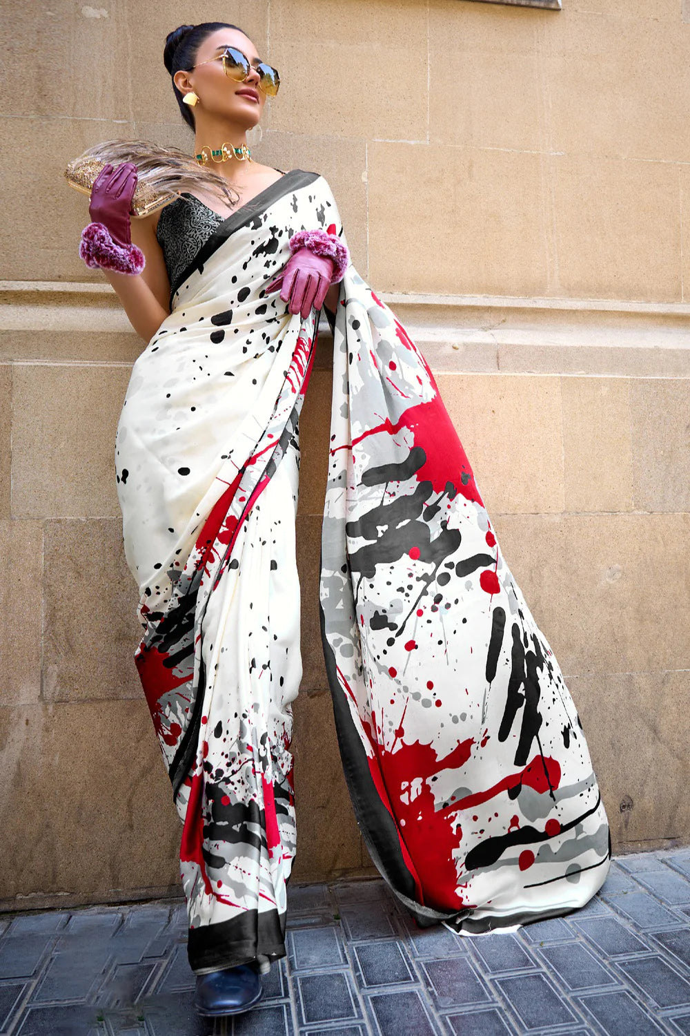 Stylish White & Red Satin Silk Saree