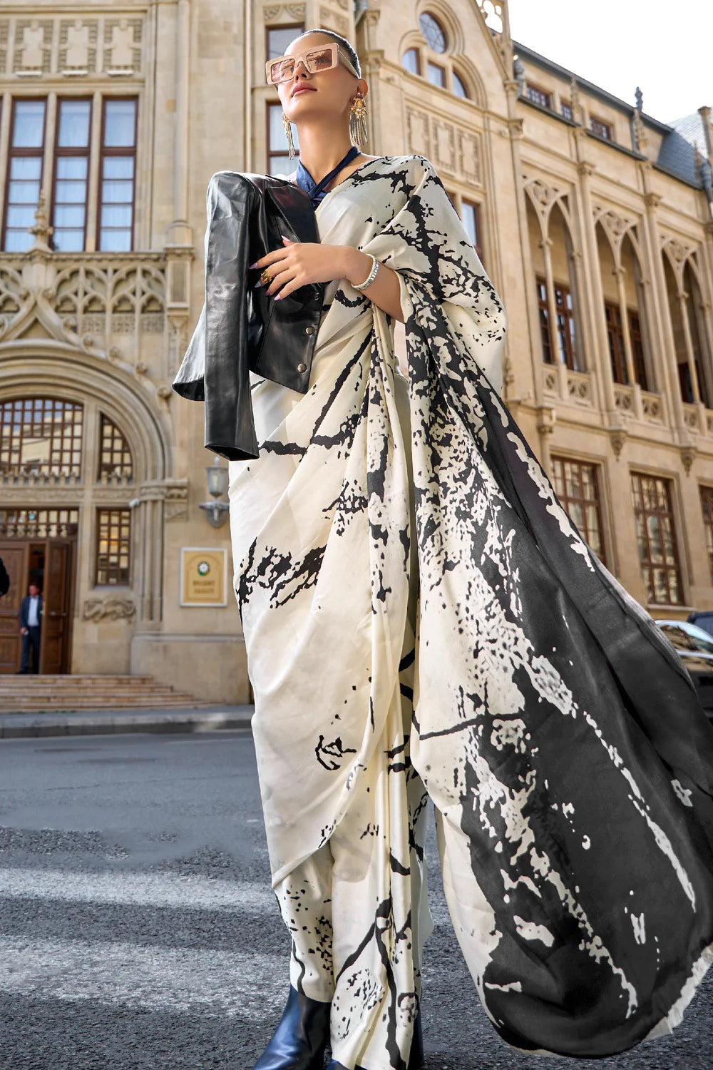 Extremely Off White & Black Color Satin Silk Saree