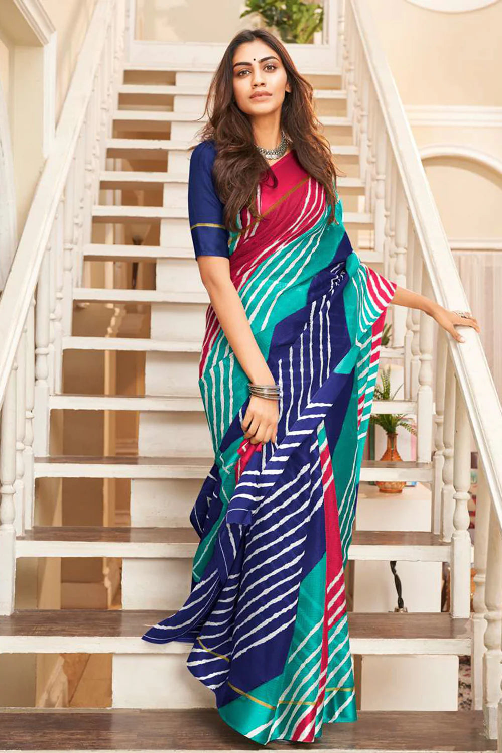 Mesmerising Blue & Pink Leheriya Printed Soft Silk Saree