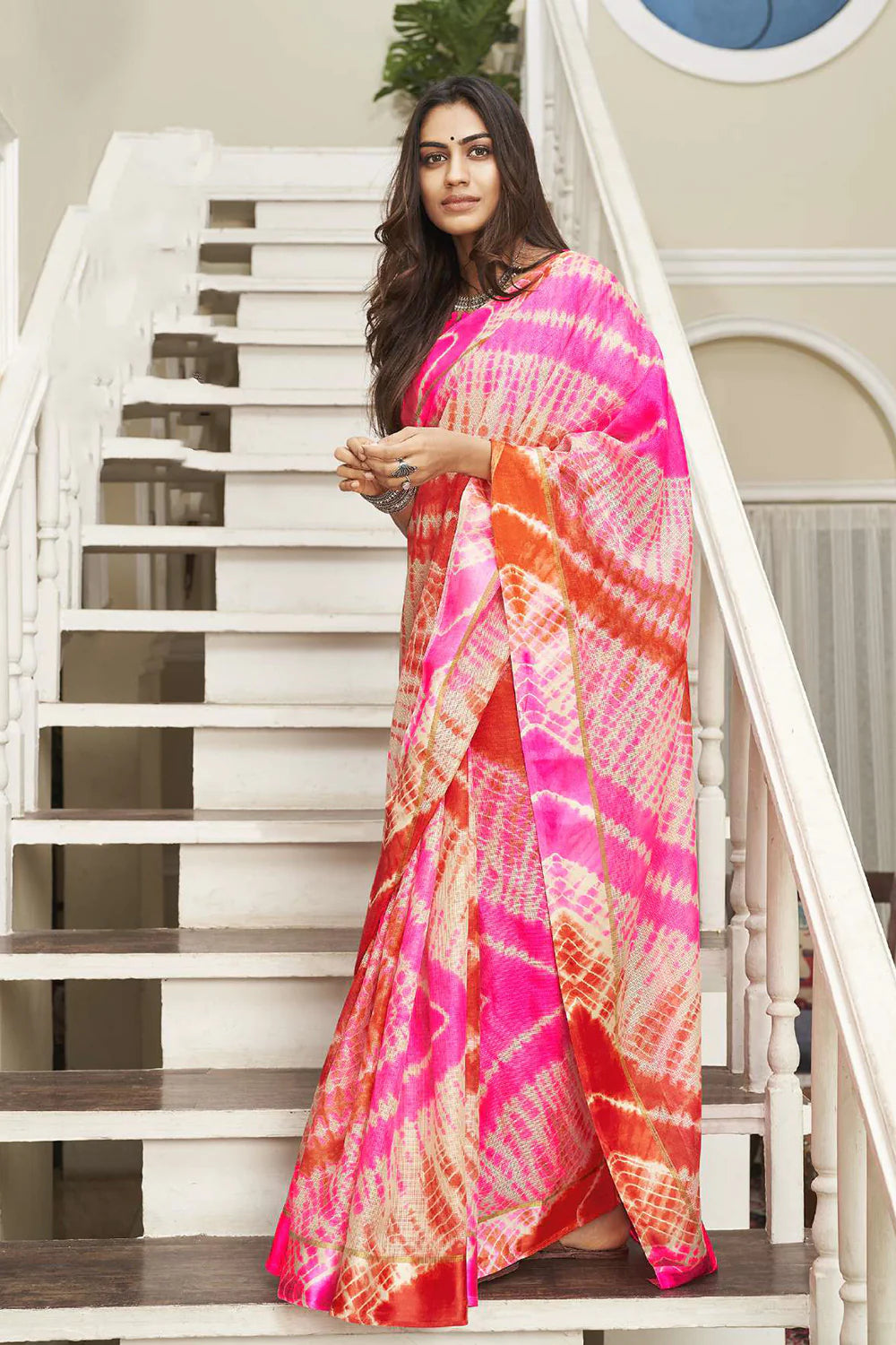 Sophisticated Pink & Orange Leheriya Printed Soft Silk Saree