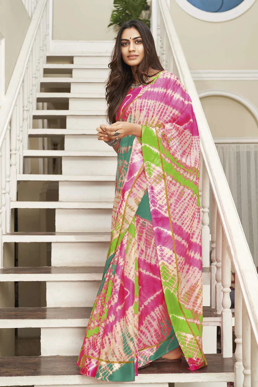 Charming Pink & White Leheriya Printed Soft Silk Saree