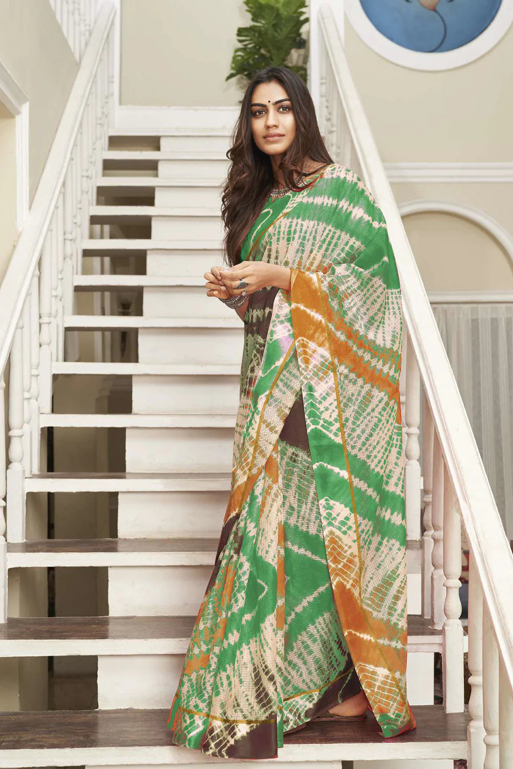 Elegant Sea Green & White Leheriya Printed Soft Silk Saree
