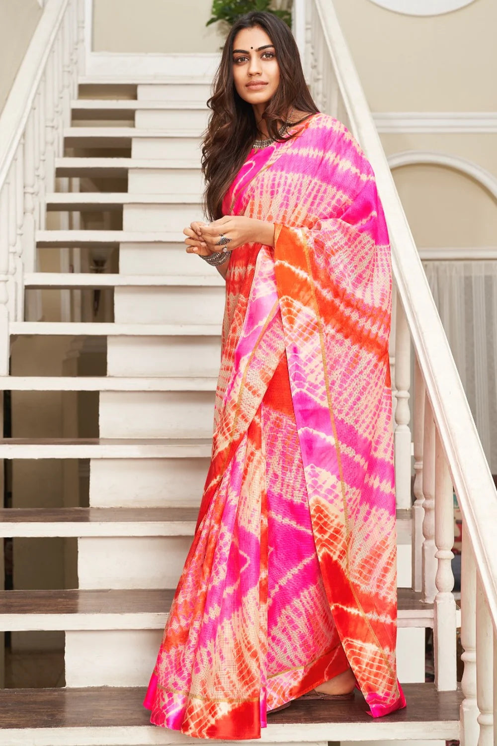Gorgeous Pink & Orange Leheriya Printed Soft Silk Saree
