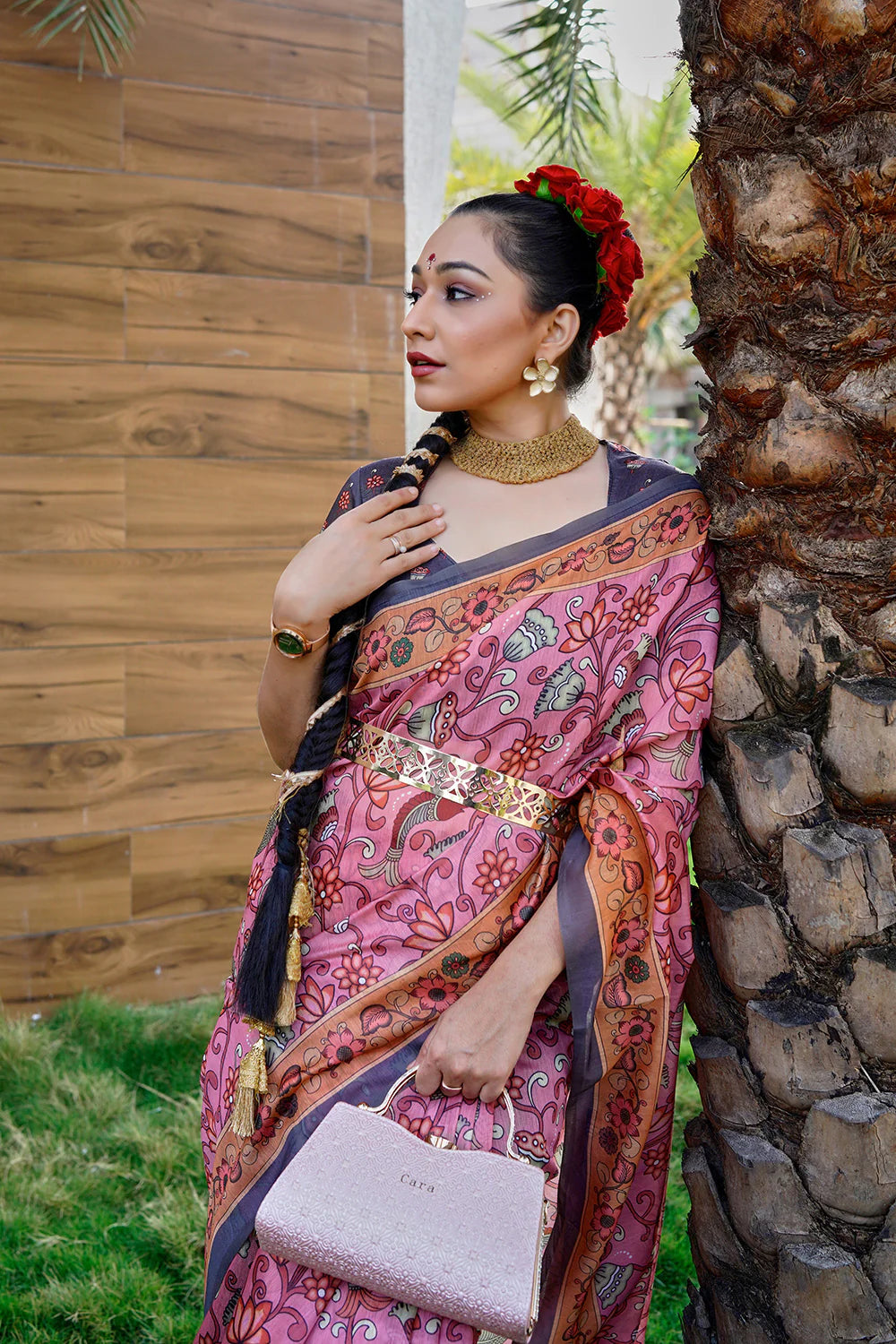 Dazzling Pink Color Digital Printed Linen Saree