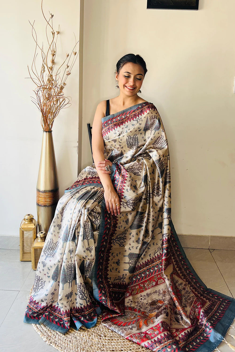 Ravishing Beige & Grey Color Digital Printed Linen Saree