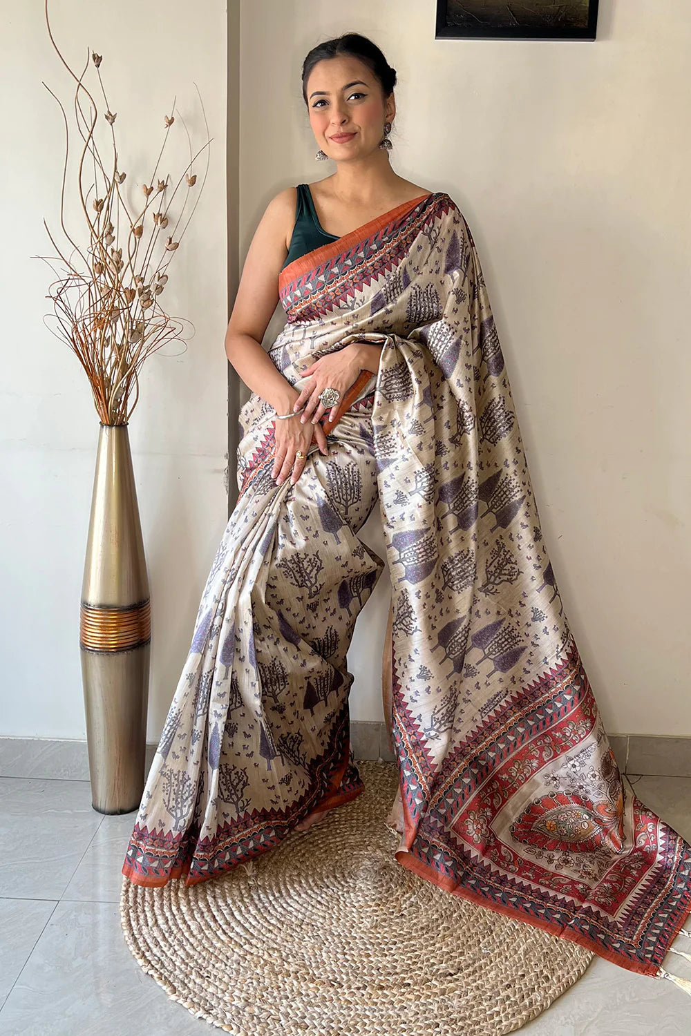 Glowing Beige Color Digital Printed Linen Saree