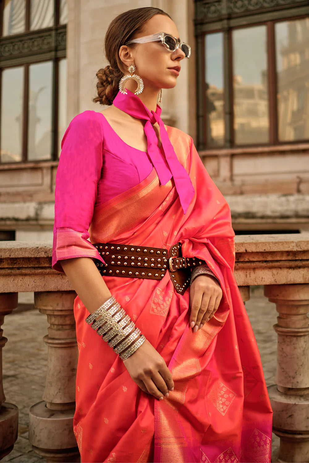 Extremely Peach Color Printed Work Linen Saree