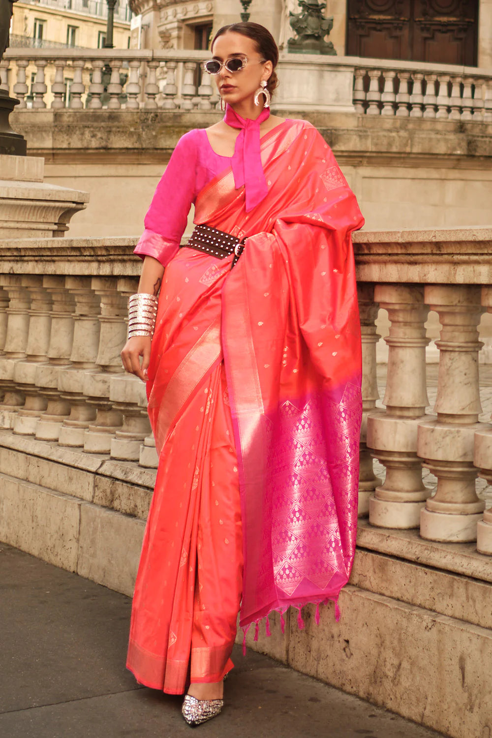 Extremely Peach Color Printed Work Linen Saree