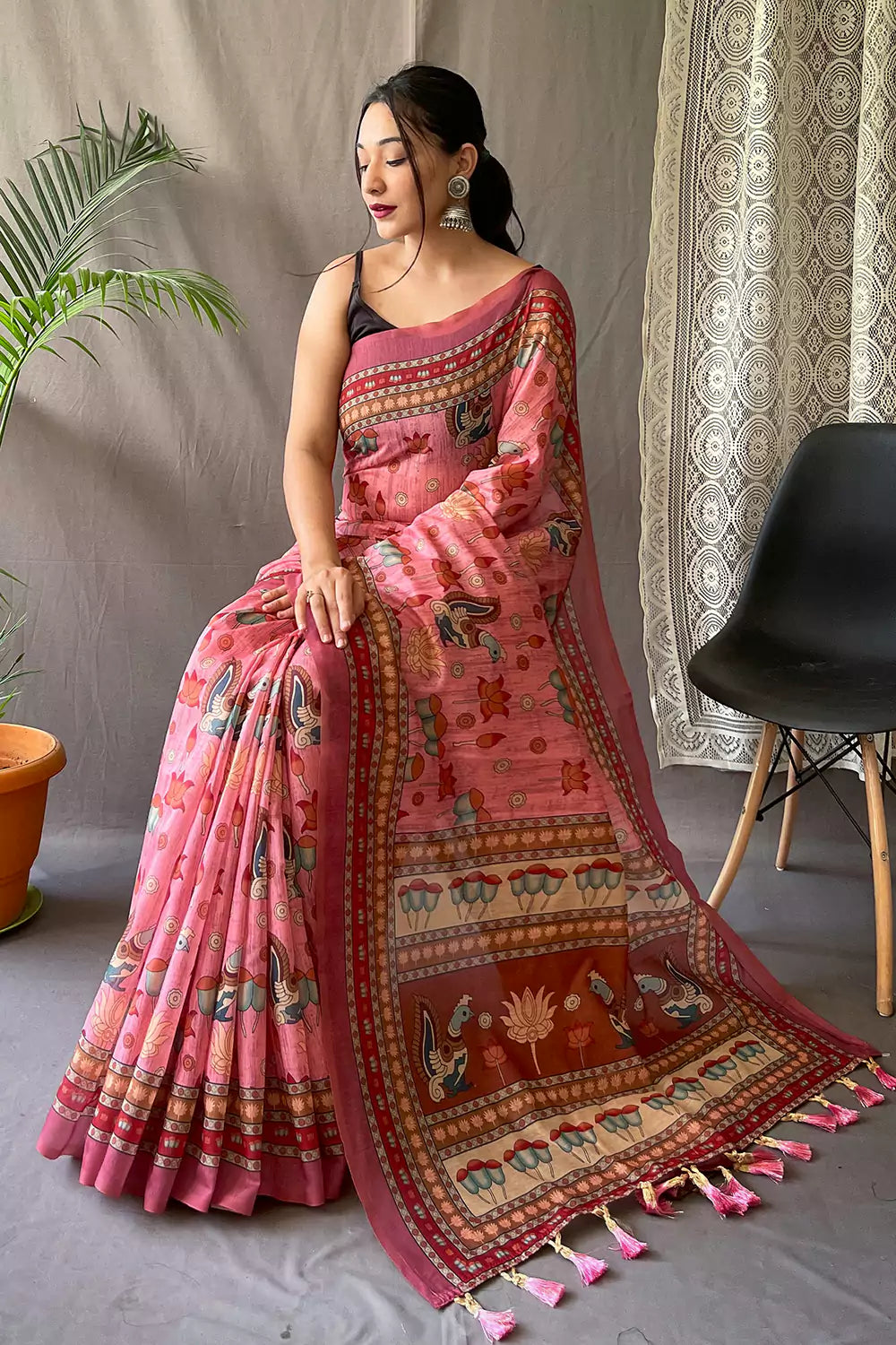 Adorning Pink Kalamkari Linen Saree
