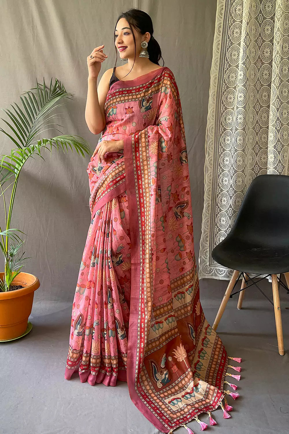 Adorning Pink Kalamkari Linen Saree